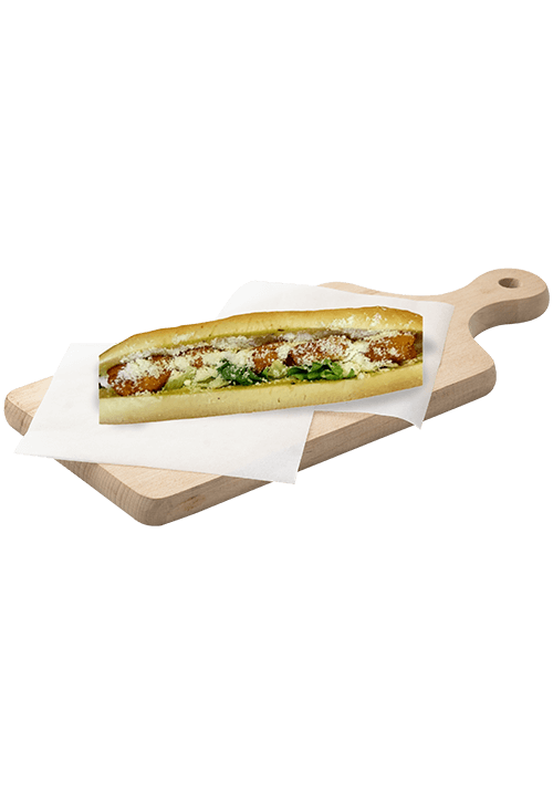 Λευκή μπαγέτα με κοτόπουλο, τυρί, μαρούλι, sauce caesars, παρμεζάνα