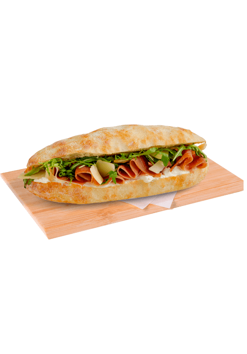 Panini με προζύμι με προσούτο, flakes παρμεζάνας, cream cheese, ρόκα και σως μουστάρδας