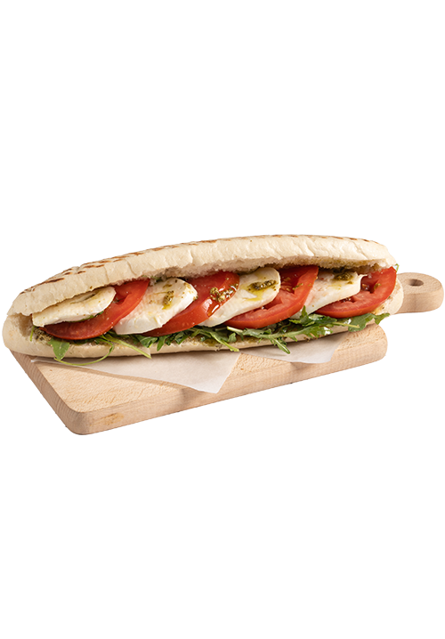 Panini μοτσαρέλα, πέστο βασιλικού, τοματίνι, ρόκα