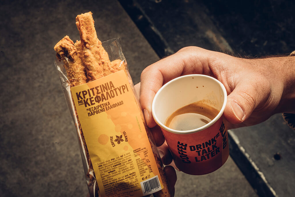 Coffee Island's new breadsticks with kefalotyri served with coffee.