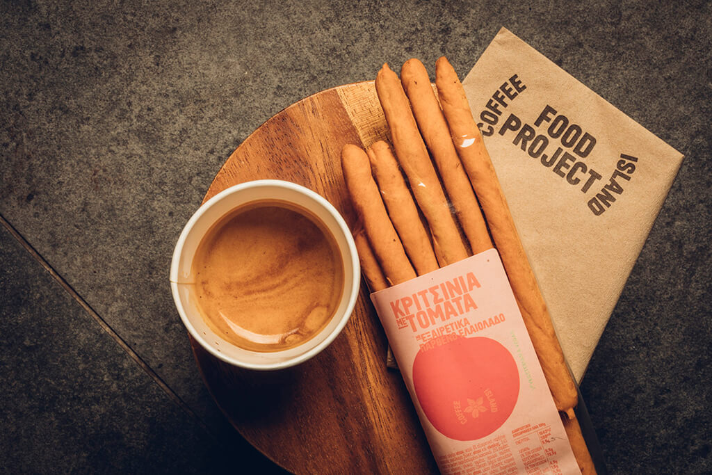 Coffee Island's new breadsticks with tomato served with coffee.