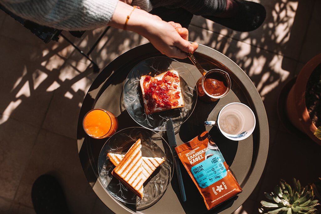 Enjoying breakfast with Coffee Island's ibrik coffee.